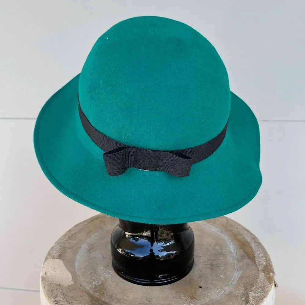VTG 50s Bollman Green Wool Doeskin Cloche Hat Bow